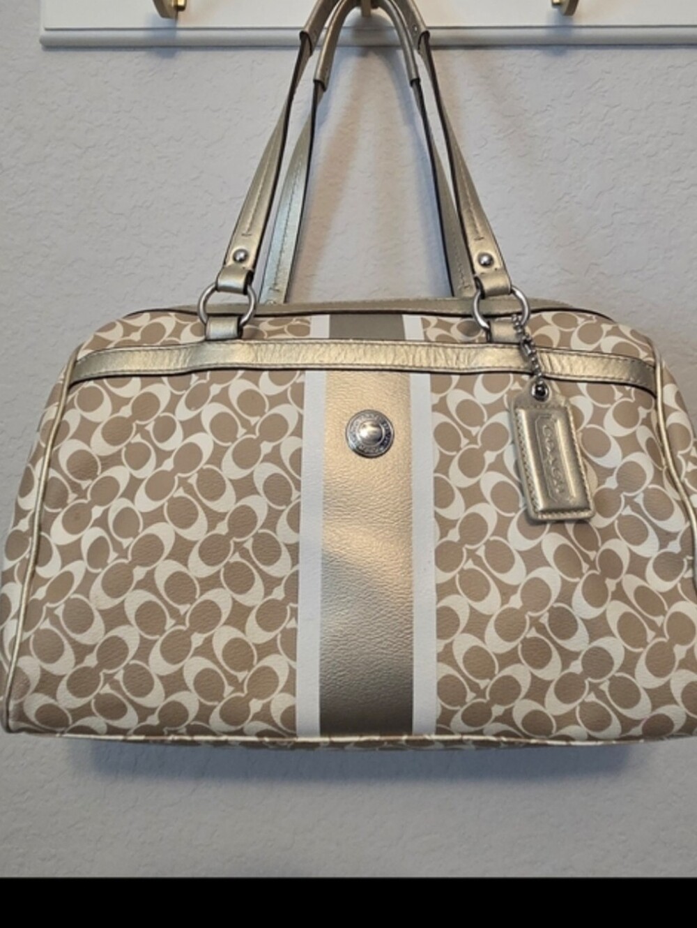 Coach Cream & Gold Signature Stripe Shoulder Bag with Metallic Accent